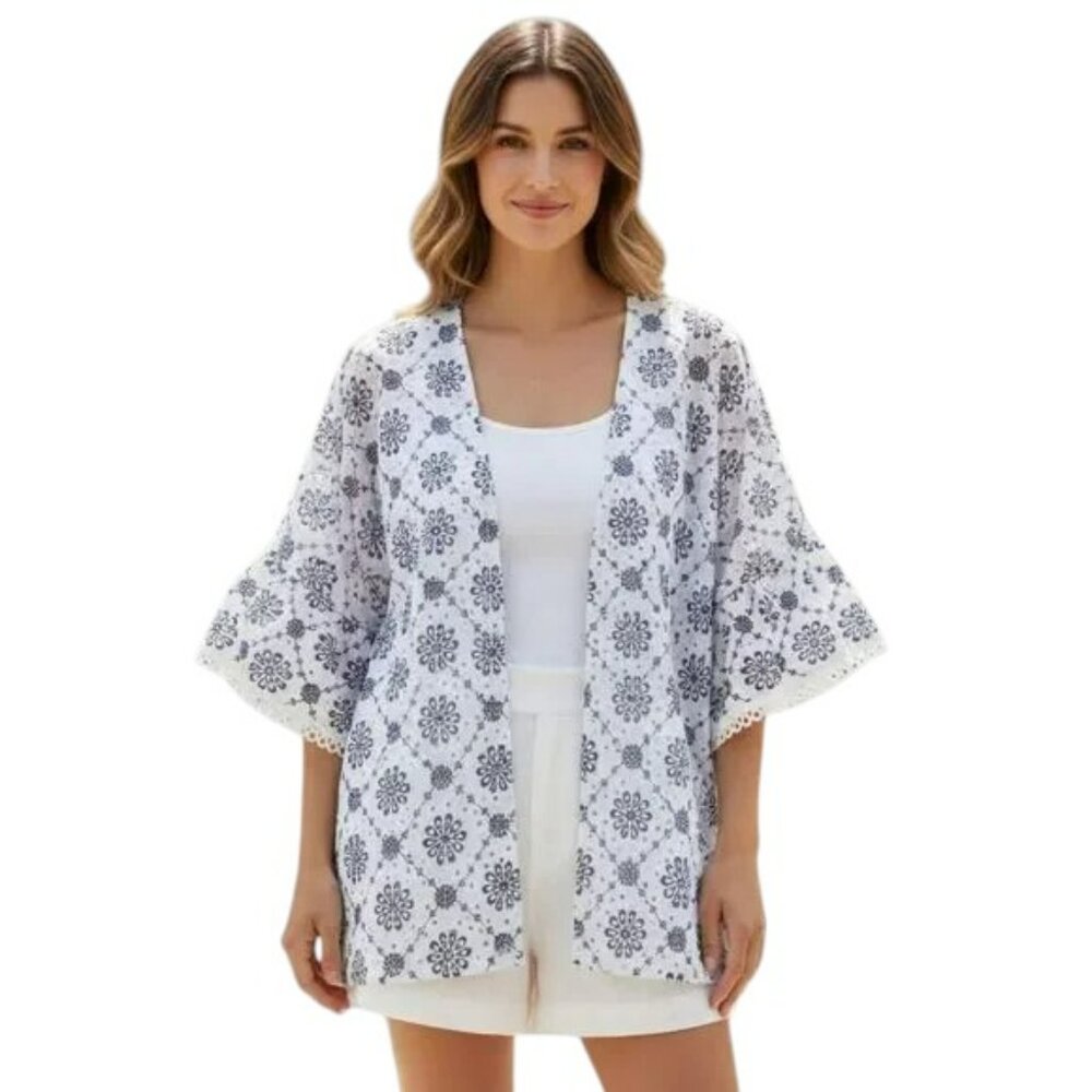 Valentina Naldi Italian Cotton Eyelet Kimono OS White Blue Boho